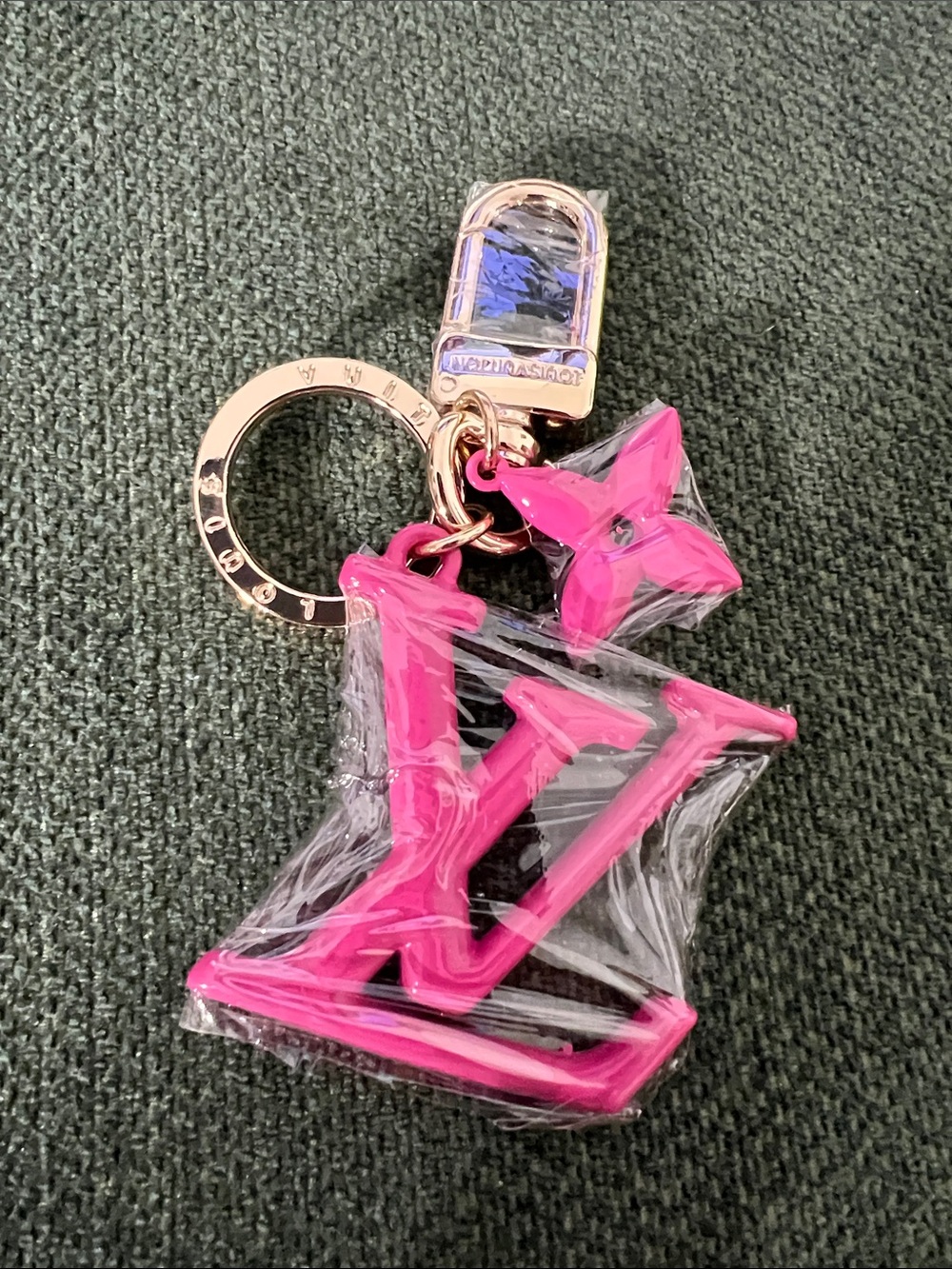 Hot Pink LV Logo Key Charm Phone Accessory with Gold Hardware